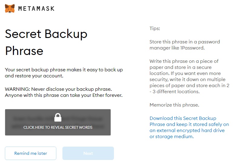 Back up your seed phrase metamask