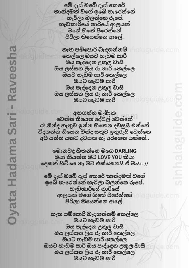 oyata hadama sari lyrics by raveesha tishan in sinhala english lyircs