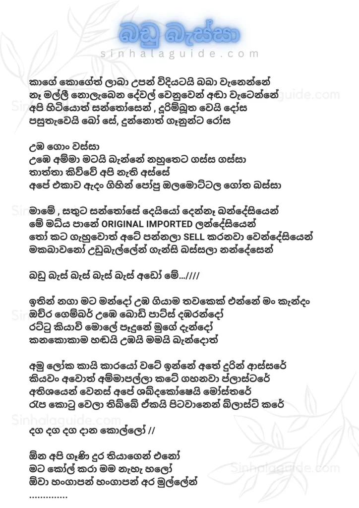 බඩු බැස්සා lyrics | Badu Bassa sinhala lyrics by DJ JNK x Moniyo [2024]